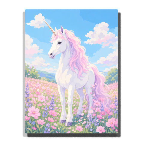 Pastel unicorn with pink mane standing in flower meadow with colorful blossoms, blue sky, clouds and magical fantasy landscape Paint by Numbers by PaintEasy