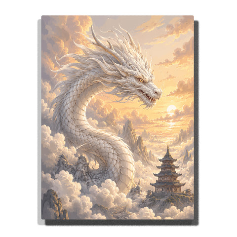 White Chinese Dragon Rising Through Golden Clouds Above Pagoda Paint by Numbers Kit For Adults – Home Decor - Animal | PaintEasy