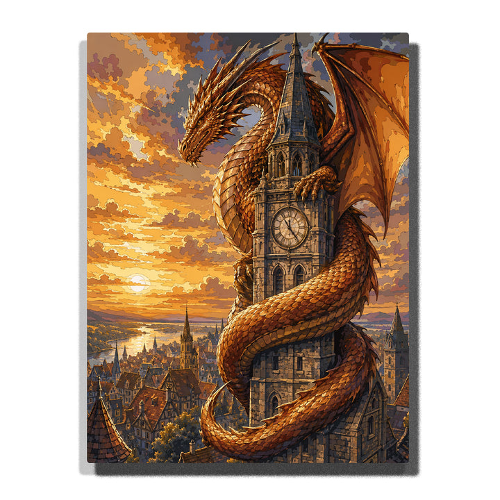 Golden western fantasy dragon wrapped around ancient tower with wings, detailed scales, fantasy city and sunset landscape Paint by Numbers by PaintEasy