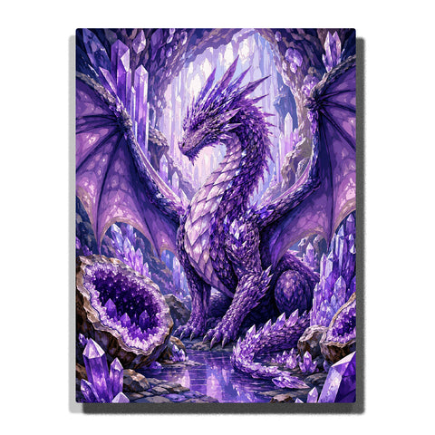 Purple crystal cave dragon with fantasy wings, glowing gemstones, magical cave landscape and mythical creature artwork Paint by Numbers by PaintEasy