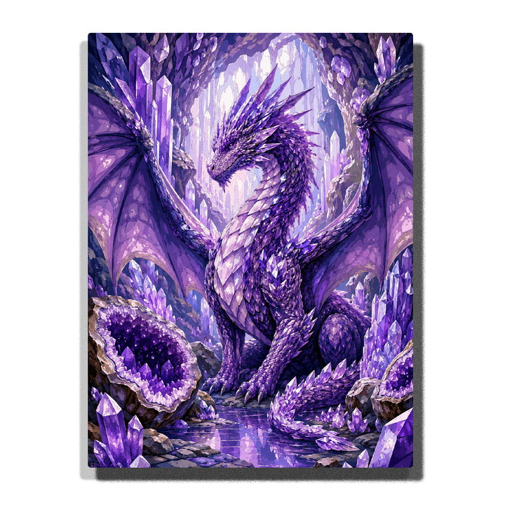 Purple crystal cave dragon with fantasy wings, glowing gemstones, magical cave landscape and mythical creature artwork Paint by Numbers by PaintEasy