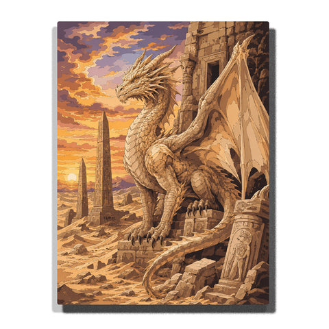 Western fantasy dragon beside ancient castle ruins with large wings, desert landscape, stone towers and mythical creature artwork Paint by Numbers by PaintEasy