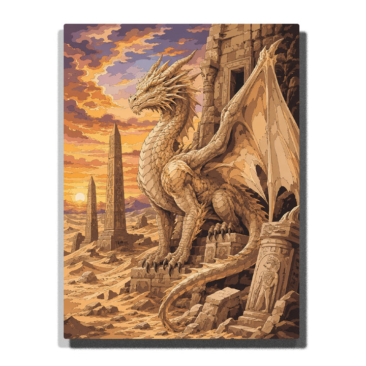 Western fantasy dragon beside ancient castle ruins with large wings, desert landscape, stone towers and mythical creature artwork Paint by Numbers by PaintEasy