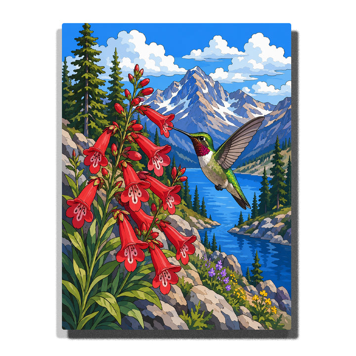 Hummingbird with red penstemon flowers, mountain lake, evergreen forest, snowy peaks and colorful wildlife nature artwork Paint by Numbers by PaintEasy