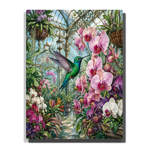 Hummingbird flying among pink orchids in a tropical greenhouse garden with hanging plants, botanical flowers and elegant nature artwork Paint by Numbers by PaintEasy