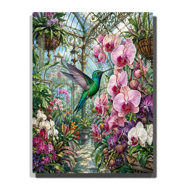 Hummingbird flying among pink orchids in a tropical greenhouse garden with hanging plants, botanical flowers and elegant nature artwork Paint by Numbers by PaintEasy