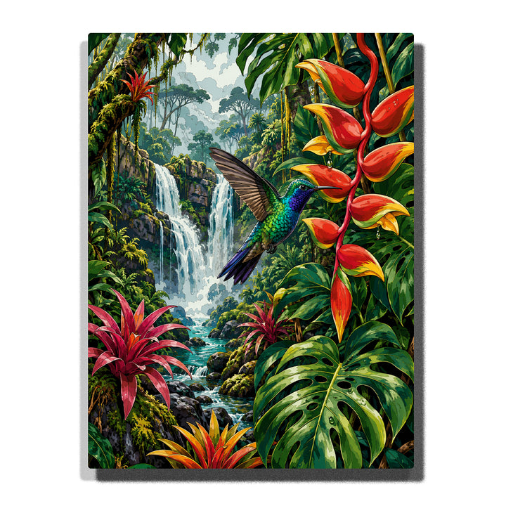 Hummingbird flying in tropical rainforest waterfall garden with exotic flowers, jungle leaves, flowing water and colorful animal nature artwork Paint by Numbers by PaintEasy