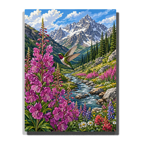 Hummingbird flying in alpine valley with wildflowers, mountain stream, snowy peaks, evergreen forest and colorful nature landscape artwork Paint by Numbers by PaintEasy