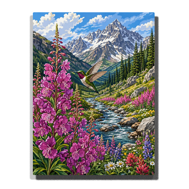 Hummingbird flying in alpine valley with wildflowers, mountain stream, snowy peaks, evergreen forest and colorful nature landscape artwork Paint by Numbers by PaintEasy