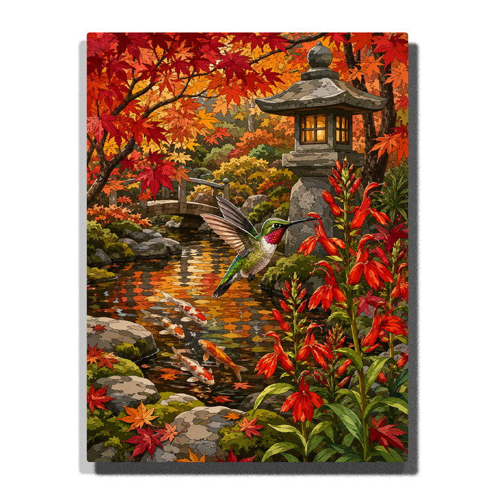 Autumn Japanese garden with hummingbird, maple leaves, koi pond, stone lantern, red flowers and peaceful nature artwork Paint by Numbers by PaintEasy