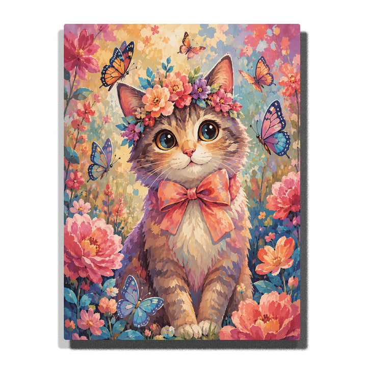 Cute cat with flower crown surrounded by colorful flowers, butterflies, botanical garden background and animal portrait artwork Paint by Numbers by PaintEasy