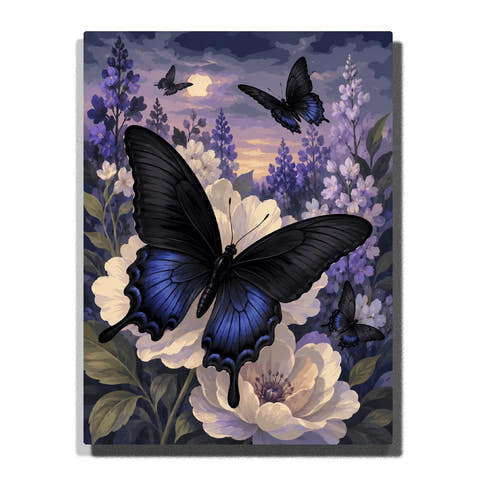 Butterfly Paint by Numbers For Adults featuring large black and indigo butterfly over creamy white flowers with smaller butterflies, lavender blooms and moonlit purple sky