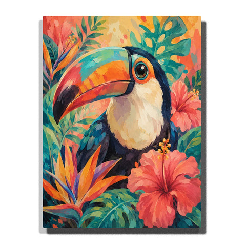 Paint by numbers colorful tropical toucan with a vibrant orange and turquoise beak, surrounded by pink hibiscus flowers and lush green tropical leaves.