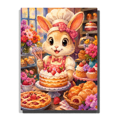 Cute bunny baker wearing chef hat with strawberry cake, cupcakes, flowers and cozy bakery scene animal artwork Paint by Numbers by PaintEasy