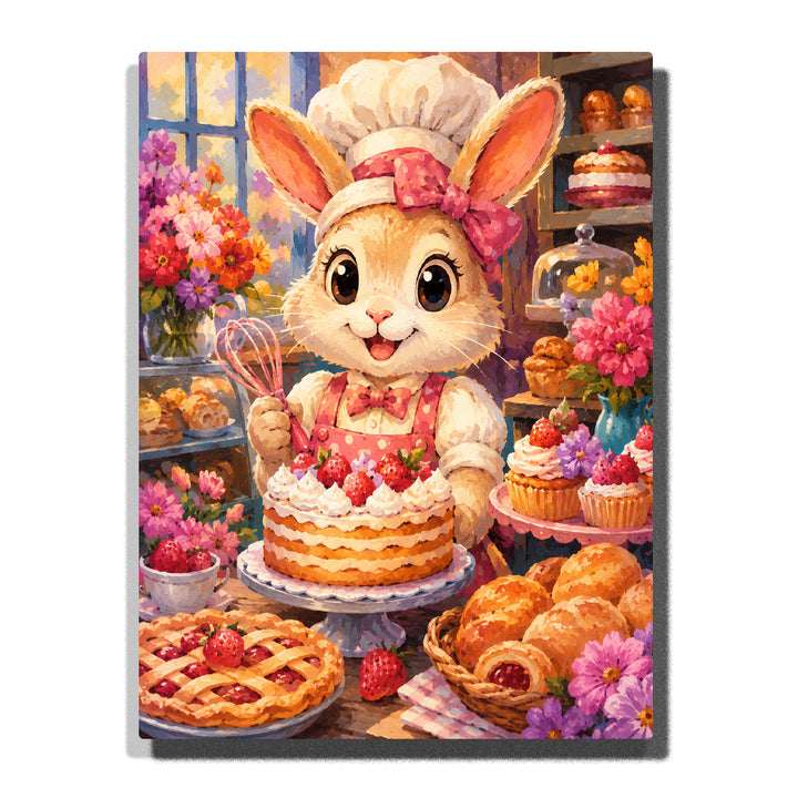 Cute bunny baker wearing chef hat with strawberry cake, cupcakes, flowers and cozy bakery scene animal artwork Paint by Numbers by PaintEasy