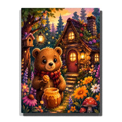 Cute bear holding honey jar in enchanted forest cottage garden with flowers, mushrooms, glowing lanterns and woodland animal artwork Paint by Numbers by PaintEasy