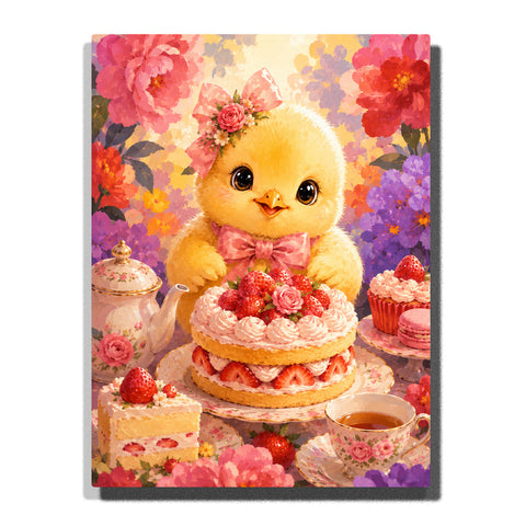 Floral bakery chick with strawberry cake, cupcakes, flowers, tea set and colorful dessert garden animal artwork Paint by Numbers by PaintEasy