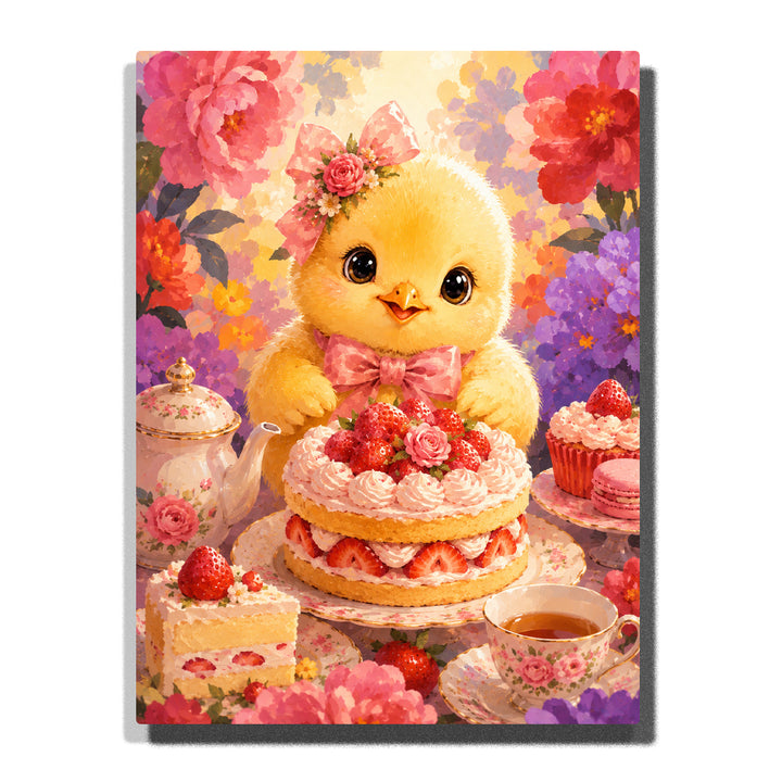 Floral bakery chick with strawberry cake, cupcakes, flowers, tea set and colorful dessert garden animal artwork Paint by Numbers by PaintEasy