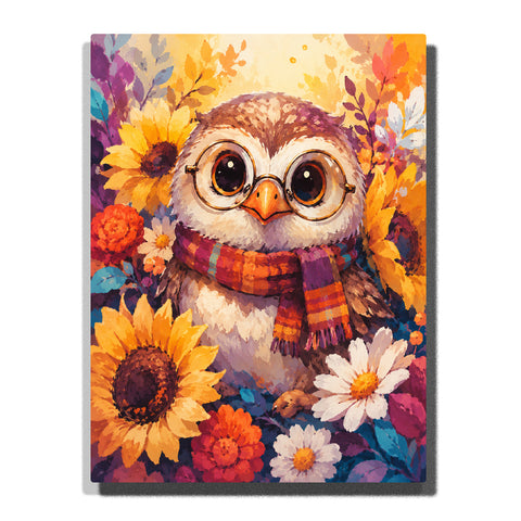 Autumn owl wearing scarf with sunflowers, colorful flowers, detailed feathers and cozy floral garden animal artwork Paint by Numbers by PaintEasy