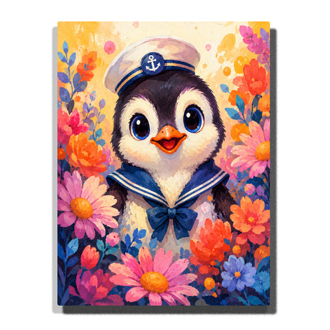 Cute penguin wearing sailor outfit surrounded by colorful flowers, floral garden background and animal portrait artwork Paint by Numbers by PaintEasy