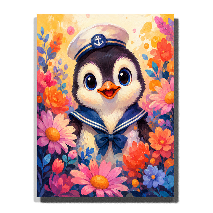 Cute penguin wearing sailor outfit surrounded by colorful flowers, floral garden background and animal portrait artwork Paint by Numbers by PaintEasy