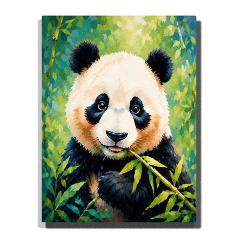 Panda Paint by Numbers For Adults featuring cute black and white giant panda holding and eating fresh bamboo surrounded by lush green forest foliage
