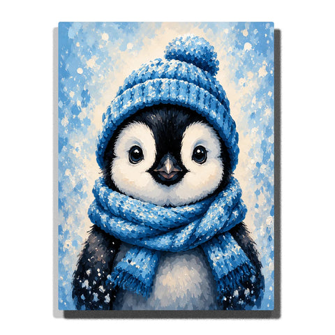 Penguin Paint by Numbers For Adults featuring cute baby penguin wearing bright blue knitted beanie and scarf surrounded by falling snow and icy blue winter background