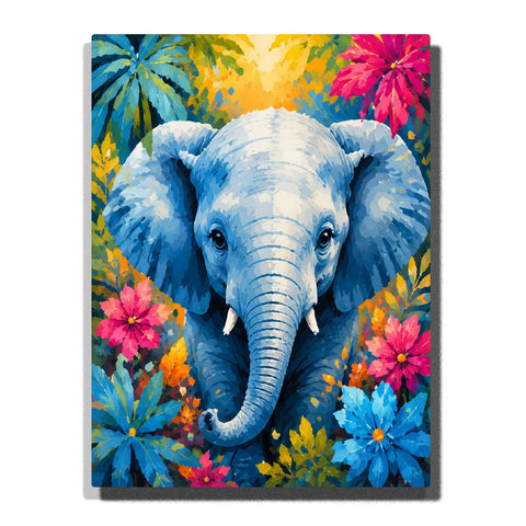 Blue Elephant Paint by Numbers For Adults featuring front-facing elephant with curved trunk surrounded by vibrant pink, blue, orange and yellow tropical flowers