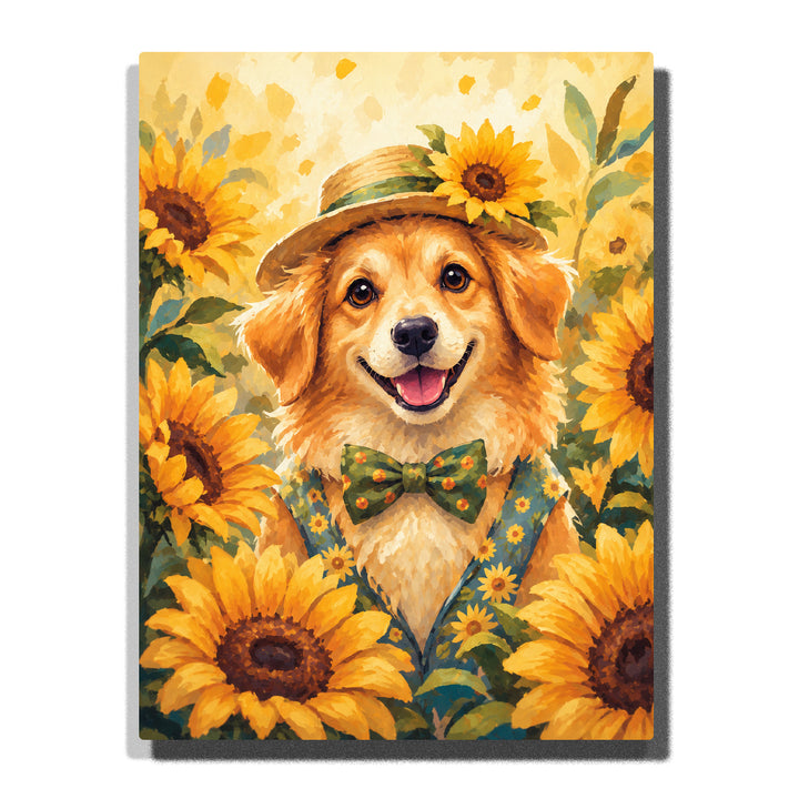 Golden retriever dog portrait with sunflower hat, floral outfit, yellow flowers, green leaves and animal botanical artwork Paint by Numbers by PaintEasy