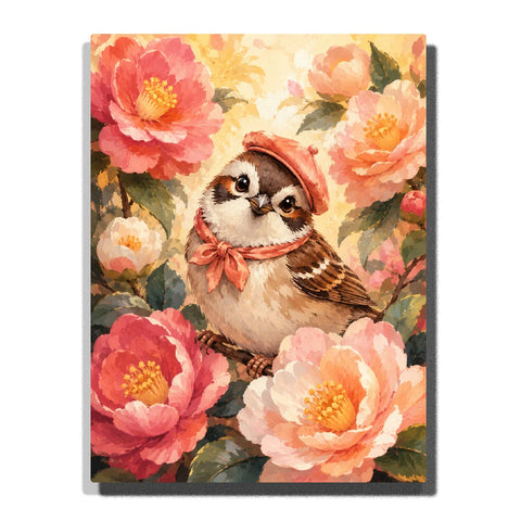 Cute Sparrow Paint by Numbers For Adults featuring brown songbird in coral beret and matching scarf surrounded by large pink peach camellia flowers and green leaves