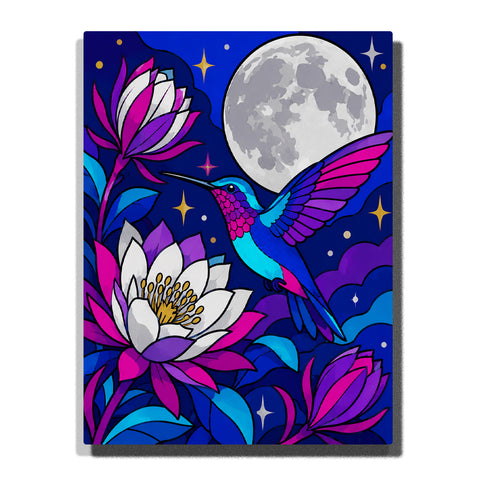 Paint by Numbers artwork featuring a colorful hummingbird flying among white flowers under a full moon with blue, purple and pink fantasy night background