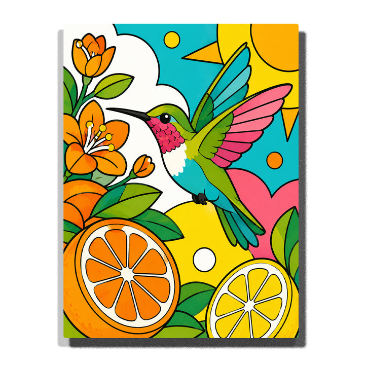 Hummingbird flying near orange flowers and green leaves Paint by Numbers artwork featuring citrus slices, colorful wings, tropical plants and bright botanical background
