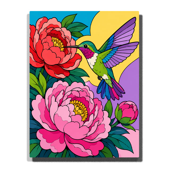 Hummingbird flying among pink flowers Paint by Numbers artwork with colorful wings, blooming petals, green leaves and vibrant botanical background
