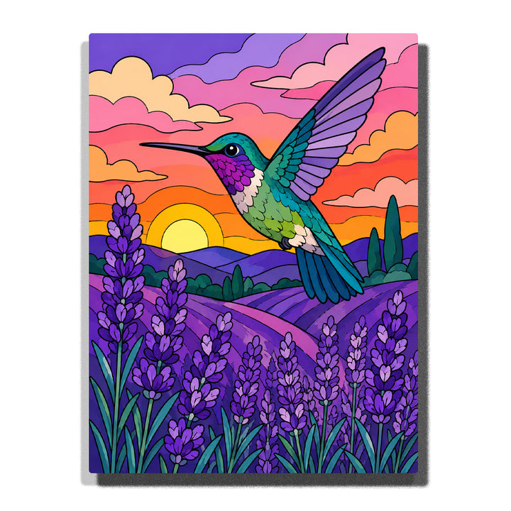 Purple Flower Garden with hummingbird Paint by Numbers artwork featuring colorful bird wings, lavender flowers, sunset sky and scenic nature landscape