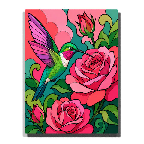 Hummingbird flying among pink roses and garden flowers Paint by Numbers artwork with colorful bird wings, blooming roses, green leaves, and vibrant floral background
