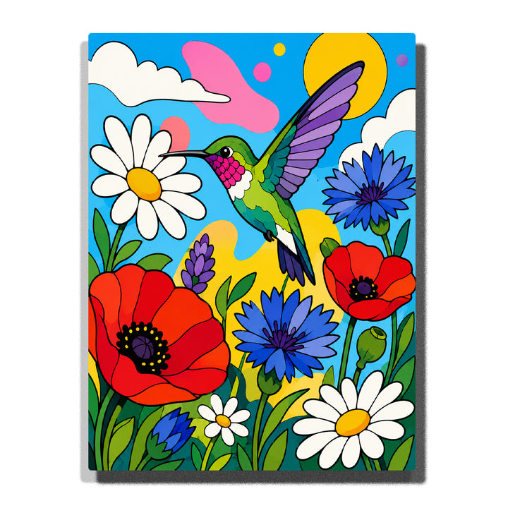Hummingbird flying near red flowers and garden landscape Paint by Numbers artwork featuring colorful bird wings, poppies, daisies, blue flowers and vibrant botanical background