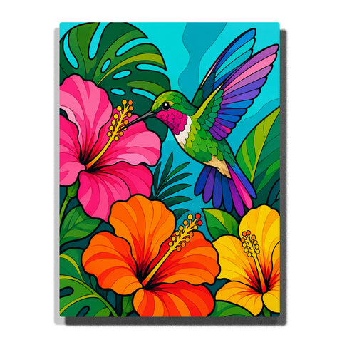 Hummingbird flying among orange flowers and green leaves Paint by Numbers artwork with colorful bird wings, tropical flowers, lush foliage, and vibrant botanical background