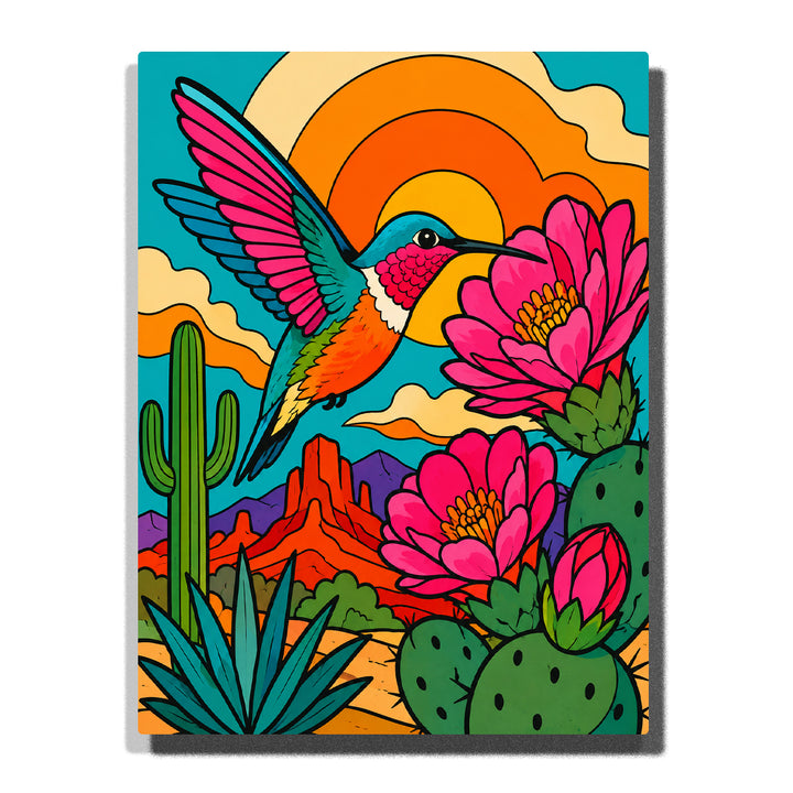 Hummingbird flying near pink flowers in a succulent garden landscape paint by numbers artwork with cactus, desert plants, and a bright sunset background