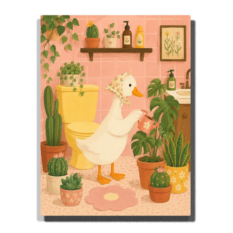 White Duck Paint by Numbers For Adults featuring floral bonnet, yellow toilet, pink bathroom, potted cacti, tropical houseplants and colorful botanical decor