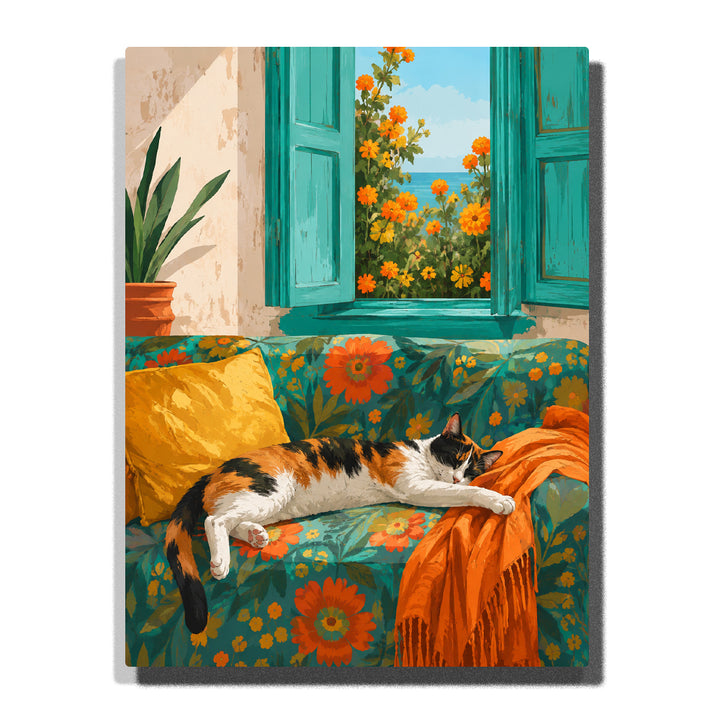 Calico Cat on a Patterned Sofa by the Window - paint by numbers kit preview