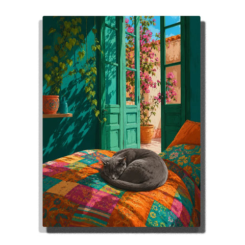 Sleeping Gray Cat Paint by Numbers For Adults featuring curled-up cat on colorful patchwork bed, teal balcony doors, green plants and pink bougainvillea