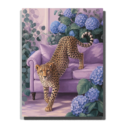 Leopard Paint by Numbers For Adults featuring spotted wild cat stepping from lavender sofa surrounded by blue hydrangeas, green foliage and pastel interior