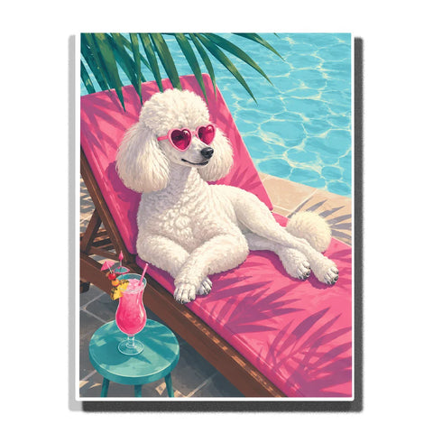 Paint by numbers white poodle relaxing on a pink poolside lounge chair wearing heart-shaped sunglasses, with a tropical drink and sparkling blue swimming pool.