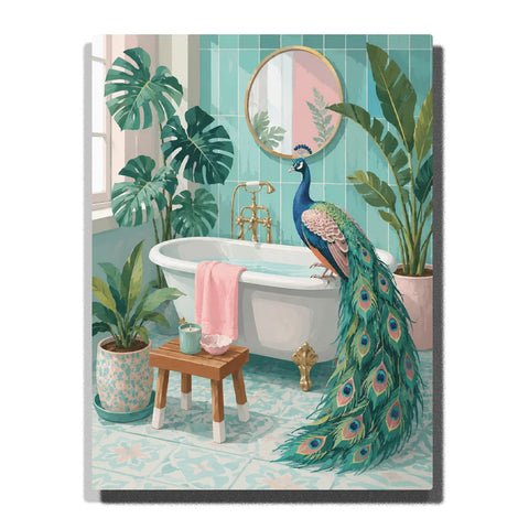 Paint by numbers elegant peacock beside a vintage bathtub in a turquoise tropical bathroom, surrounded by lush green plants, patterned tiles, and soft pink accents.