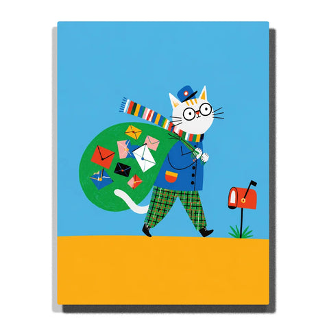 Cat Paint by Numbers for Beginners featuring whimsical white mail carrier cat with round glasses, blue uniform, colorful letters, green mailbag and red mailbox