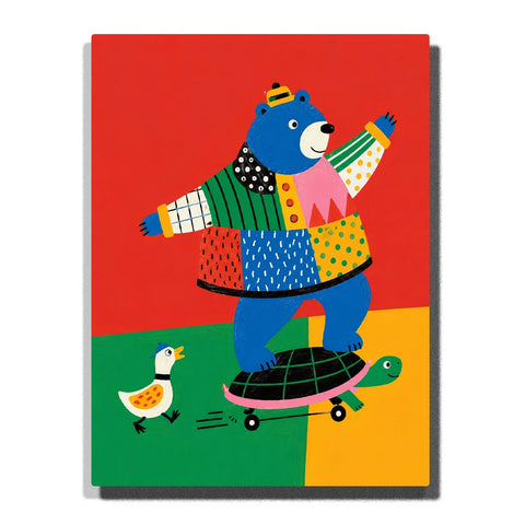 Blue Bear Paint by Numbers For Beginners featuring colorful patchwork bear riding turtle skateboard with little white duck on bold red green and yellow background