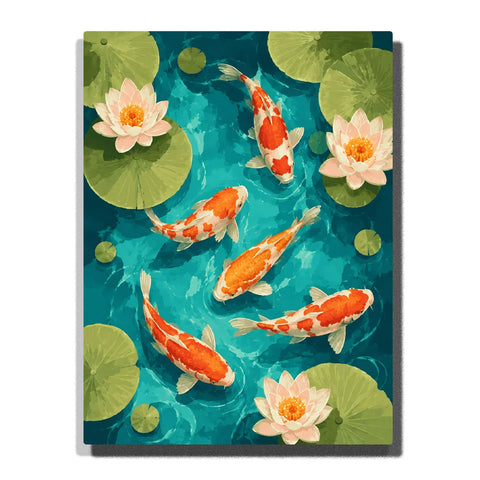 Paint by numbers koi pond featuring five orange and white koi fish swimming in turquoise water, surrounded by green lily pads and soft pink lotus flowers.