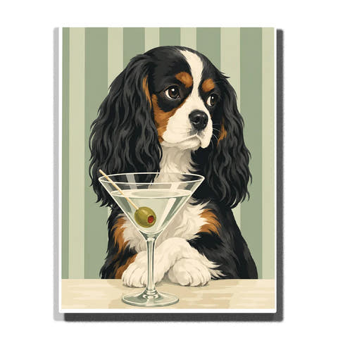 Cavalier King Charles Spaniel Paint by Numbers For Adults featuring tricolor dog with long black ears beside martini glass, green olive and sage striped background