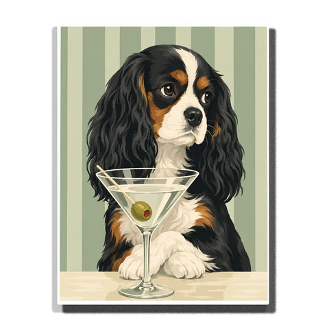 Cavalier King Charles Spaniel Paint by Numbers For Adults featuring tricolor dog with long black ears beside martini glass, green olive and sage striped background