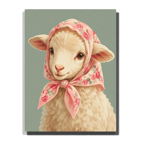 Animal Paint by Numbers For Adults featuring cute cream lamb with brown eyes and pink floral headscarf decorated with roses against soft sage green background